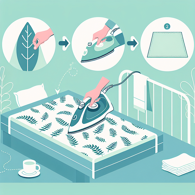 a low-heat iron being used on weed-patterned bedding with a protective cloth