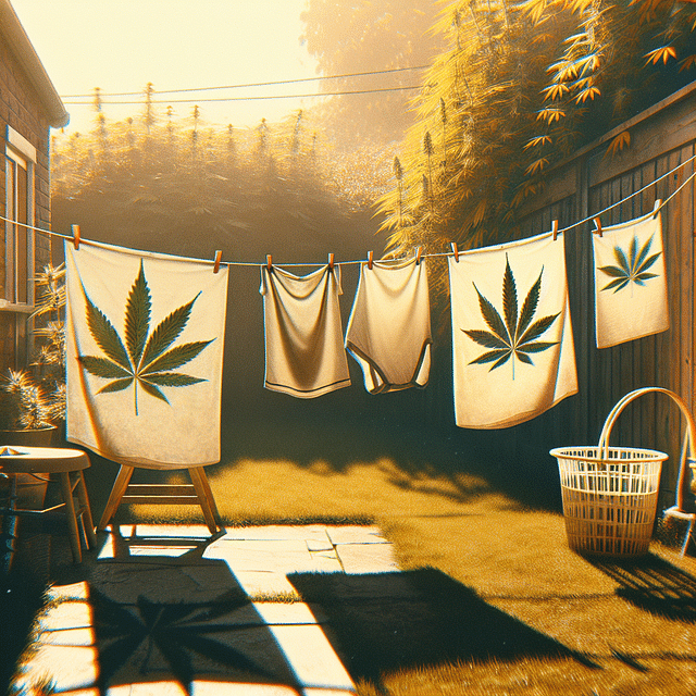 weed-infused bedding hanging on a clothesline in a sunny backyard
