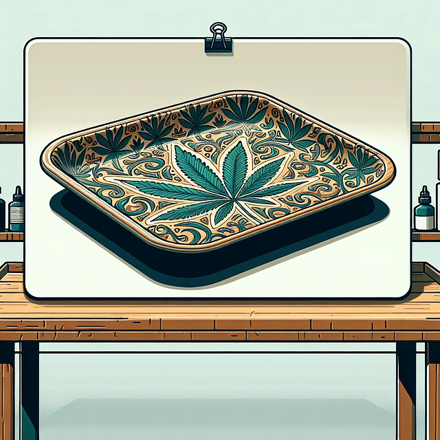 a finished decoupage weed tray curing on a shelf