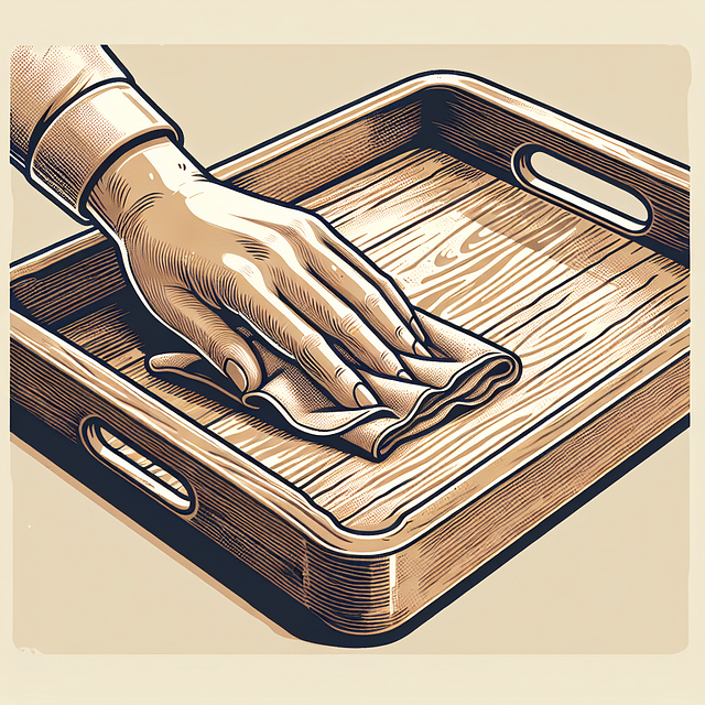 a wooden tray being wiped clean