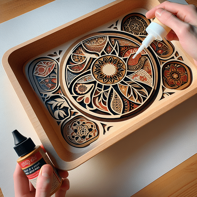 a decoupage tray being sealed with a top coat