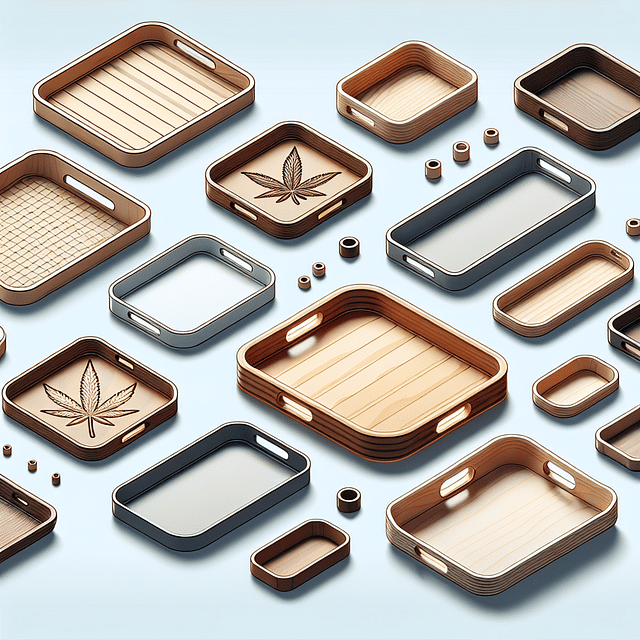 a selection of blank weed trays made of wood, metal, and glass