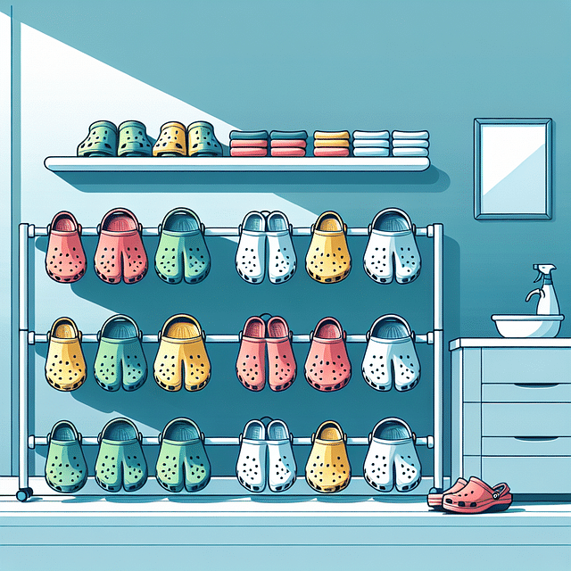 Crocs drying on a rack indoors