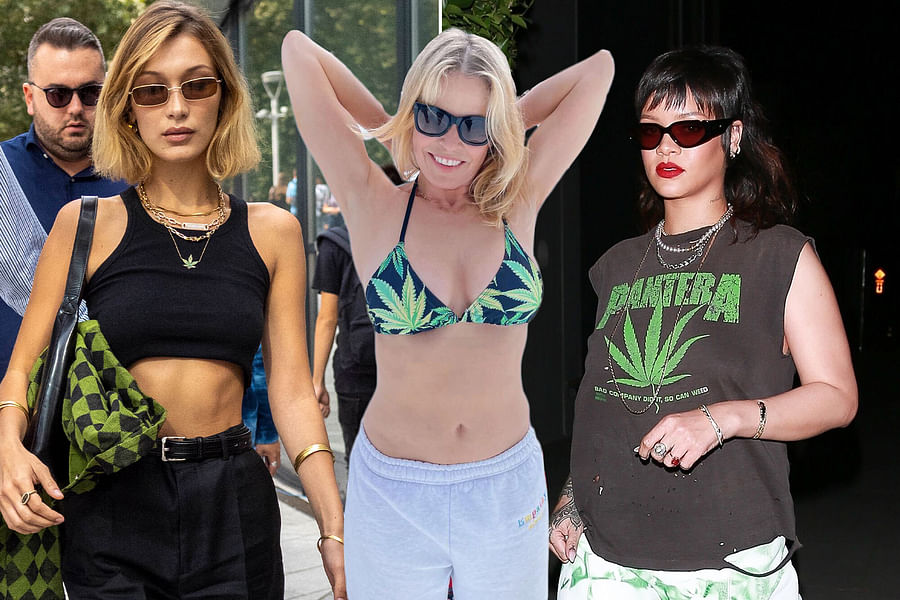Fashion model stylishly dressed in weed-themed attire