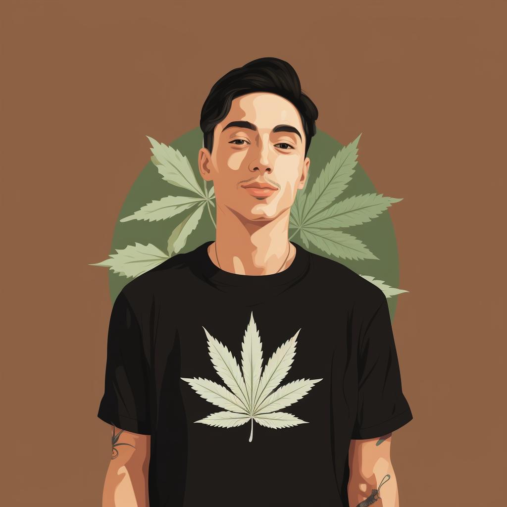 Person wearing a t-shirt with a painted weed leaf design.