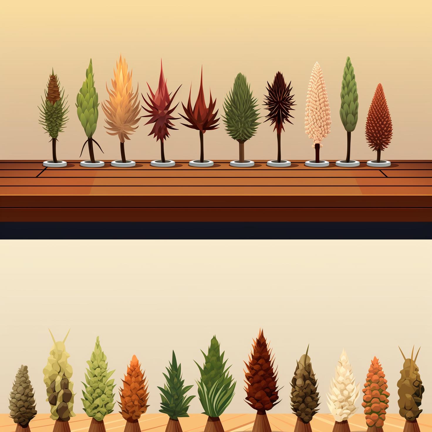 A variety of weed cones displayed on a table.