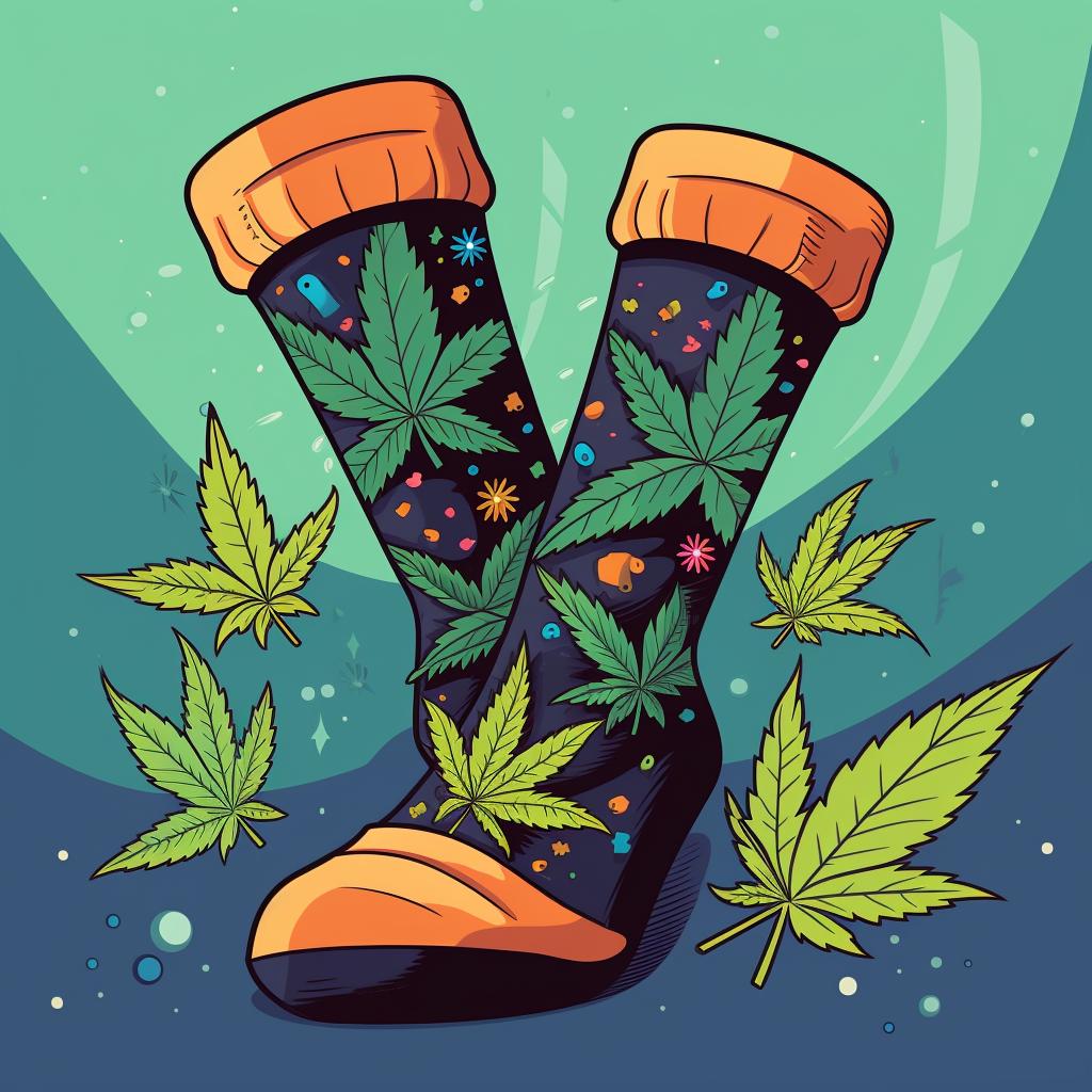 Feet wearing colorful, weed-themed socks.