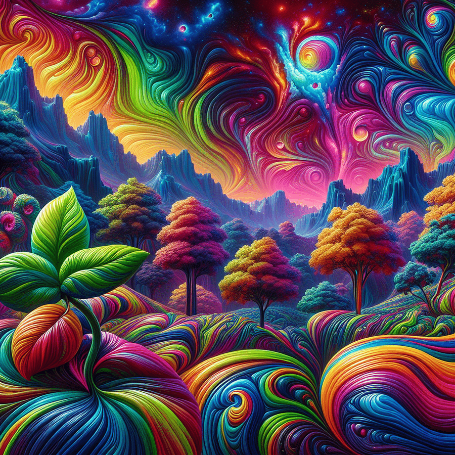 Vibrant and surreal trippy weed art with psychedelic landscapes
