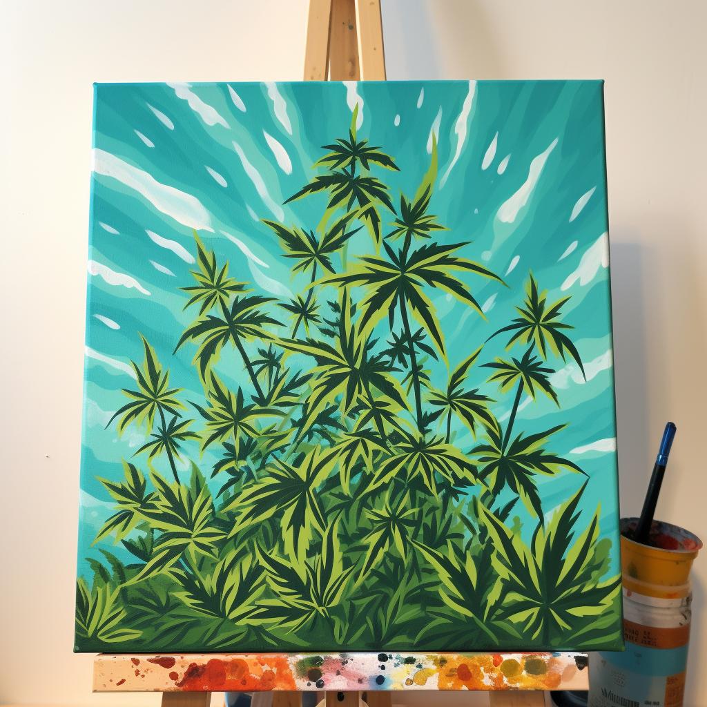 A completed weed painting displayed on a wall