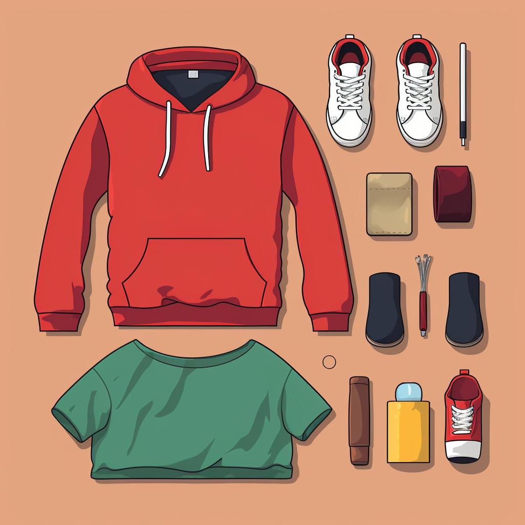 A selection of clothing items including a t-shirt, hoodie, and socks